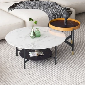 Round Marble Coffee Table, 2 Tier, Sofa Side End Table, Nightstand, Open Storage - Picture 1 of 12