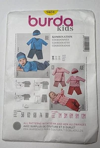 Burda 9451 - Baby Top/Pants/Hat - Size 1M to 12M UNCUT Paper Sewing Pattern - Picture 1 of 2