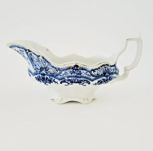 Vintage Flow Blue Gravy Boat J&G Meakin York, Embossed Gold Accents Floral Swags - Picture 1 of 13