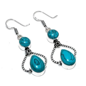 Turquoise Gemstone Handmade 925 Sterling Silver Jewelry Earring Size 2.4" - Picture 1 of 1
