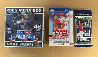 2025 Panini Crusade Baseball Mega Box + 2022 Topps Hanger Box + Donruss Value Pk - Image 1 of 2