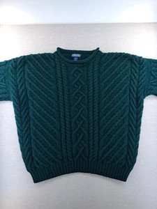 Vtg Lands End Wool Sweater Mens XL Green Cable Knit Roll Neck England Fisherman - Picture 1 of 9