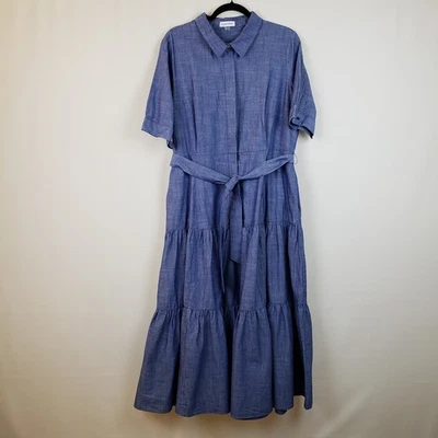 Calvin Klein Dress 16 Tiered Blue Chambray Button Up Midi Cowgirl Cottage Core - Image 1 of 4