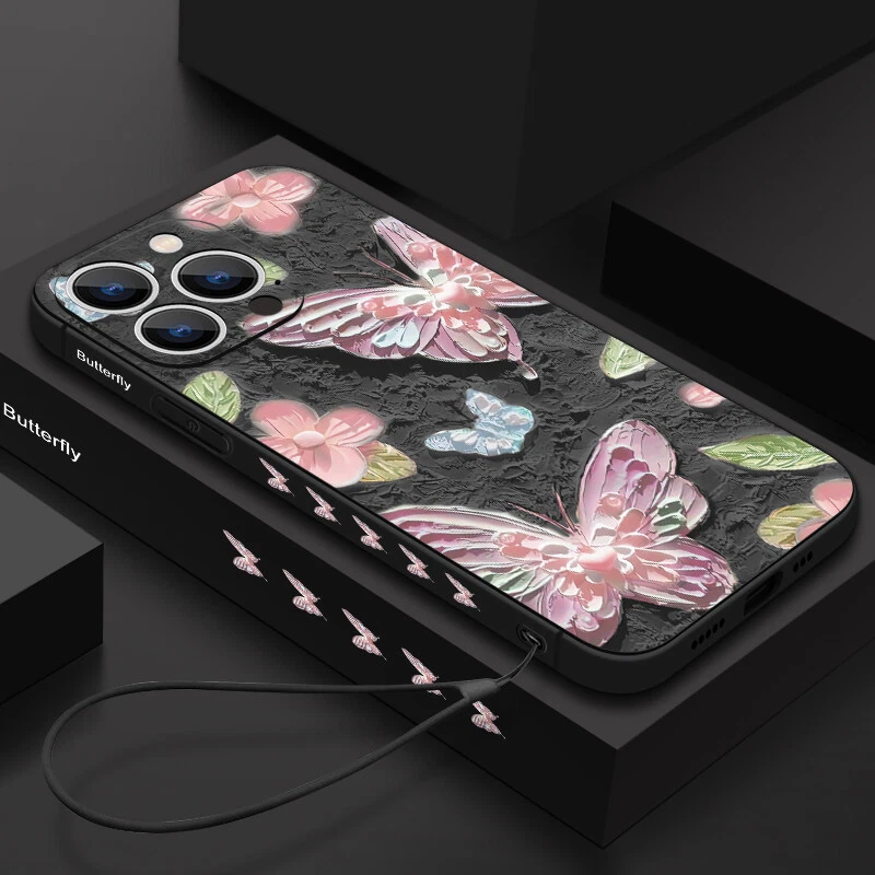 For iPhone 16 15 14 Pro Max 13 12 Mini 11 XR Butterfly Phone Case With Lanyard - Image 1 of 4