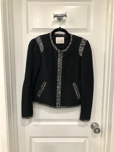 Rebecca Taylor Sweater Blazer Metallic Trim Size 6 Black With Navy Silver Accent - Picture 1 of 6