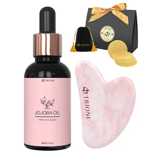 Juego de Cuidado de la Piel de Lujo TRIONI - Herramientas Faciales Gua Sha Cuarzo Rosa, Aceite de Jojoba Puro - Imagen 1 de 9
