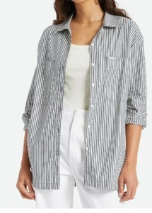 Brixton Bowery Overshirt Button Up Long Sleeve Navy Striped Shirt Sz M NWT - Picture 1 of 10