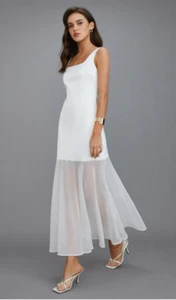 Commense Sheer Overlay Long Dress Womens Medium White Chiffon Satin New - Picture 1 of 13