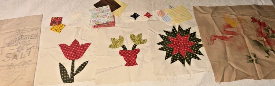 Antique Handmade Quilt Top Pieces & Material (Tulip, Star & Flower, Etc...) - Image 1 of 4