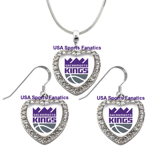 Sacramento Kings 925 Necklace or Earrings or Set Team Heart With Rhinestones Cover