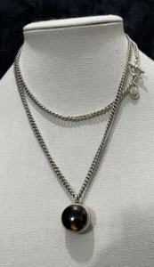 Ralph Lauren Faux Tortoise Shell Cabochon Silver Plated Locket LongSilver Chain - Picture 1 of 7