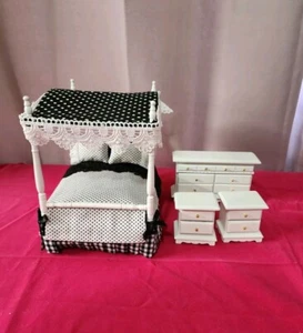 Dollhouse Miniature White & Black Bedroom Set Canopy Bed 4 Pieces 1:12 Sl OOAK - Picture 1 of 9
