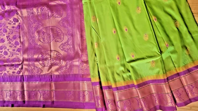 Blusa de corrida Gadwal Saree Zari tecido verde magenta brocado festa desgaste festivo - Imagem 1 de 4