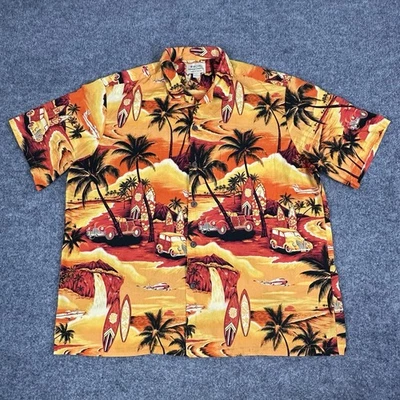 Винтажная мужская королевская гавайская рубашка XXL оранжевые автомобили доски для серфинга пальмы США Aloha - Изображение 1 из 4