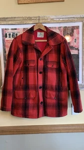 VINTAGE Johnson Woolen Mills Jacket Mens 41 Red Wool Buffalo Plaid Coat Hunting - Picture 1 of 11