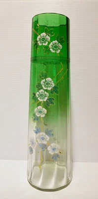 c1880 Moser 13.5" Emerald to Clear Aesthetic Style Vase, Enameled Prunus Blossom - Image 1 of 4