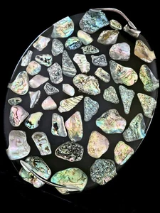 Vtg 1969 Design Black Resin/Lucite Abalone Shell Tray w/ Handles Oval - Picture 1 of 24