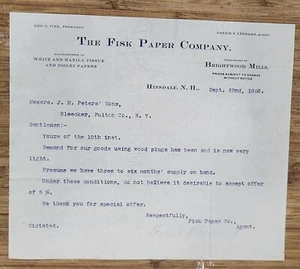 1909 Letterhead New York Bleecker Hinsdale New Hampshire The Fisk Paper Company - Picture 1 of 2
