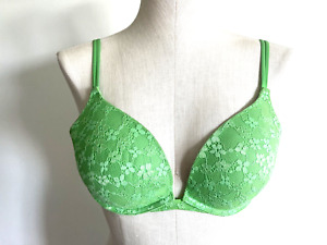 Victoria's Secret PINK Bra Push Up 36C Green Floral Lace Underwire Padded