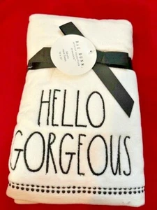 RAE DUNN Hand Towels HELLO GORGEOUS 🎁❤️White Black 16x30 Set Of 2 Brand New - Picture 1 of 3