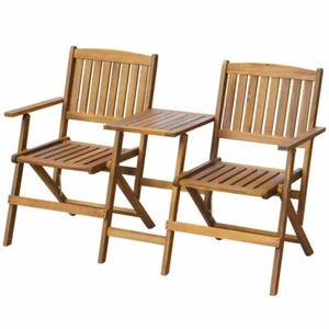 2-Seater Folding Garden Bench with Tea Table Solid Acacia Wood Outdoor Bistro - Picture 1 of 4