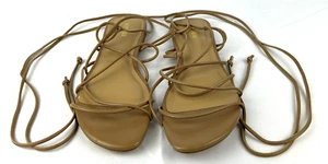 Express Tie Lace Up Flats Sandals Tan Beige Brown Size 8 Mid Calf Laces Boho - Picture 1 of 9