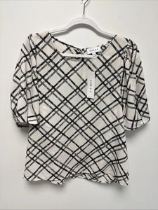 NWT Gilli ‘Brighton’ Ivory Grid Print Puff Short Sleeve Top Women’s Sz L Preppy - Picture 1 of 10
