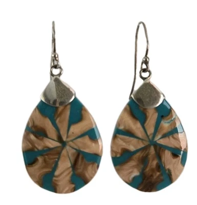 Pendientes colgantes colgantes de plata 925, concha y resina turquesa Foto 1 de 4