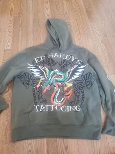 Ed Hardy Tattooing Tiger Dragon Graphic Logo Hoodie Mens Large Green EUC - Picture 1 of 5