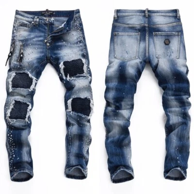 Pantalones de mezclilla para hombre punk rasgados plisados calce ajustado remache azul elástico Foto 1 de 4