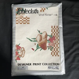 Vintage Mushroom Tablecloth 60" Round Forest Vinyl Flannel Back Brown Rust - Picture 1 of 7