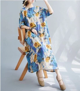 Cotton Linen Boho Dress Long Loose Print Midi Beach Maxi Dresses Wiht Pockets - Picture 1 of 13