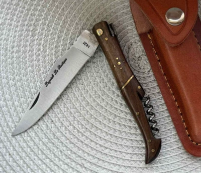 Vintage Laquiole Pocket Knife Blade Wood Handle Sheath Leather Corkscrew Men's - Image 1 of 4
