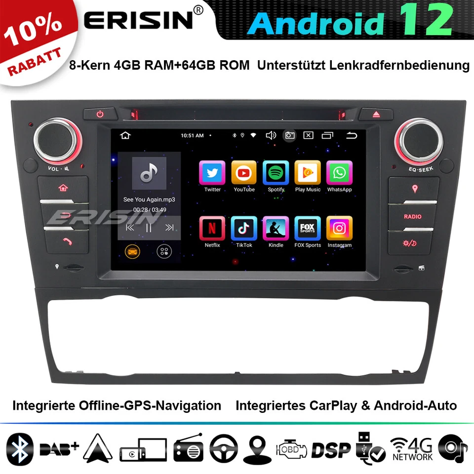 8-Kern Android 12 Autoradio GPS Navi für BMW 3er E90 E91 E92 E93 CarPlay CD 64GB - Bild 1 von 4