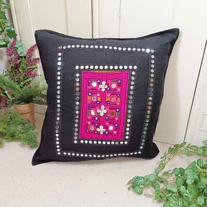 Indra Black Linen Cushion Cover With Antique Embroidered Mirror Work Patch 10 - Picture 1 of 10