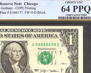 2009 $1 BILL 88888 69 NEAR SOLID NUMBER FEDERAL RESERVE NOTE MONEY PCGS 64 PPQ - Picture 1 of 3