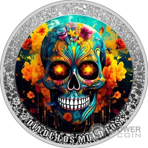 FLOWER SKULL Dia de Los Muertos 1 Oz Silber Münze 1000 Francs Cameroon 2024 - Bild 1 von 3