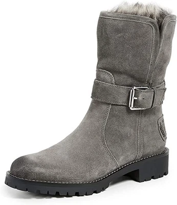 Sam Edelman Jeanie Gray Suede Fur Lined Lug Sole Moto Lace Up Chelsea Boot - Image 1 of 4