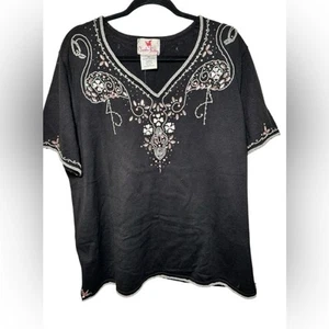 Quacker Factory Black Sequenced Flamingo Short Sleeve Sweater Size 2X NWT - Picture 1 of 7