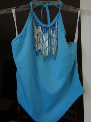 Nueva camiseta sin mangas SHARAGANO PARIS turquesa con cuentas plateadas, correa de espagueti: L Foto 1 de 4