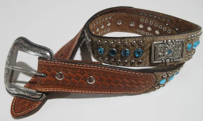 Cinturón Western para mujer talla 28 Nocona cuero marrón estrás tachonado plateado EXCELENTE Foto 1 de 4