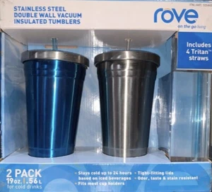 Rove Stainless Steel Double Wall Vacuum Insulated Tumblers 2 Pack 4 Straws - Picture 1 of 2