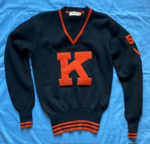 Vintage 1958 LETTERMAN V-AUSSCHNITT PULLOVER schwarz orange BUCHSTABE 'K' Wolle - Bild 1 von 5