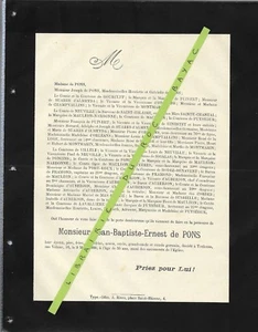 FAIRE PART DECES + Jean Baptiste Ernest de PONS + 1890 Toulouse GOURCUFF PUIVERT - Bild 1 von 1