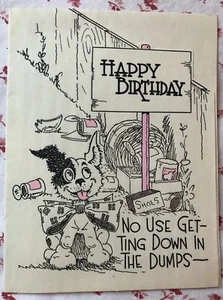 Tarjeta de felicitación de cumpleaños vintage de los años 30 cachorro perro entrar en el basurero - Imagen 1 de 6
