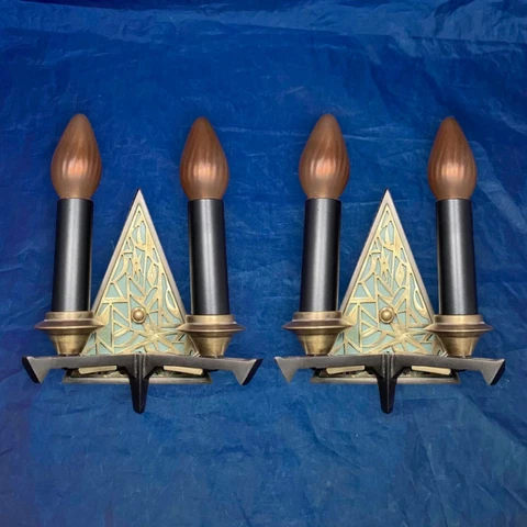 RARE Pair Triangle art deco double candle wall sconces brass inserts Rewired 84A Cover
