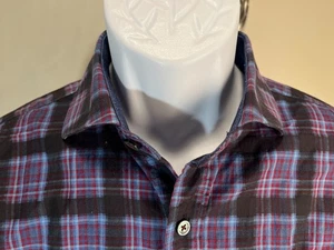 BUGATCHI Men's multicolor denim trim flip cuff / collar long sleeve shirt M EUC - Picture 1 of 7