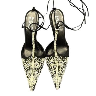 Badgley Mischka Black Velvet White Sparkle Embroidered Heels Point Toe 7 Strappy - Image 1 of 4