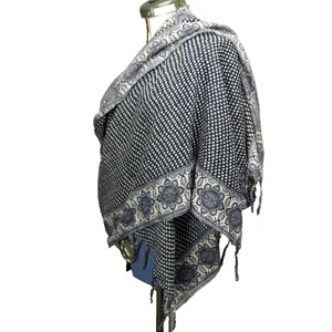 Maurices Floral & Polka Dot Beaded Fringed Rectangle Scarf Blue White 79"x26.5" - Picture 1 of 17