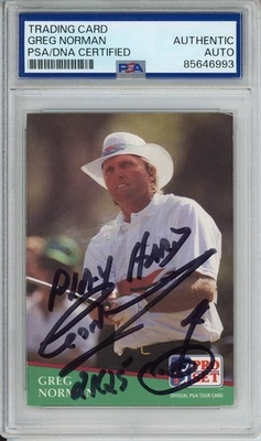 Tarjeta firmada 1991 Pro Set PGA TOUR GOLF GREG NORMAN PSA ADN certificado de autenticidad autógrafo Foto 1 de 2